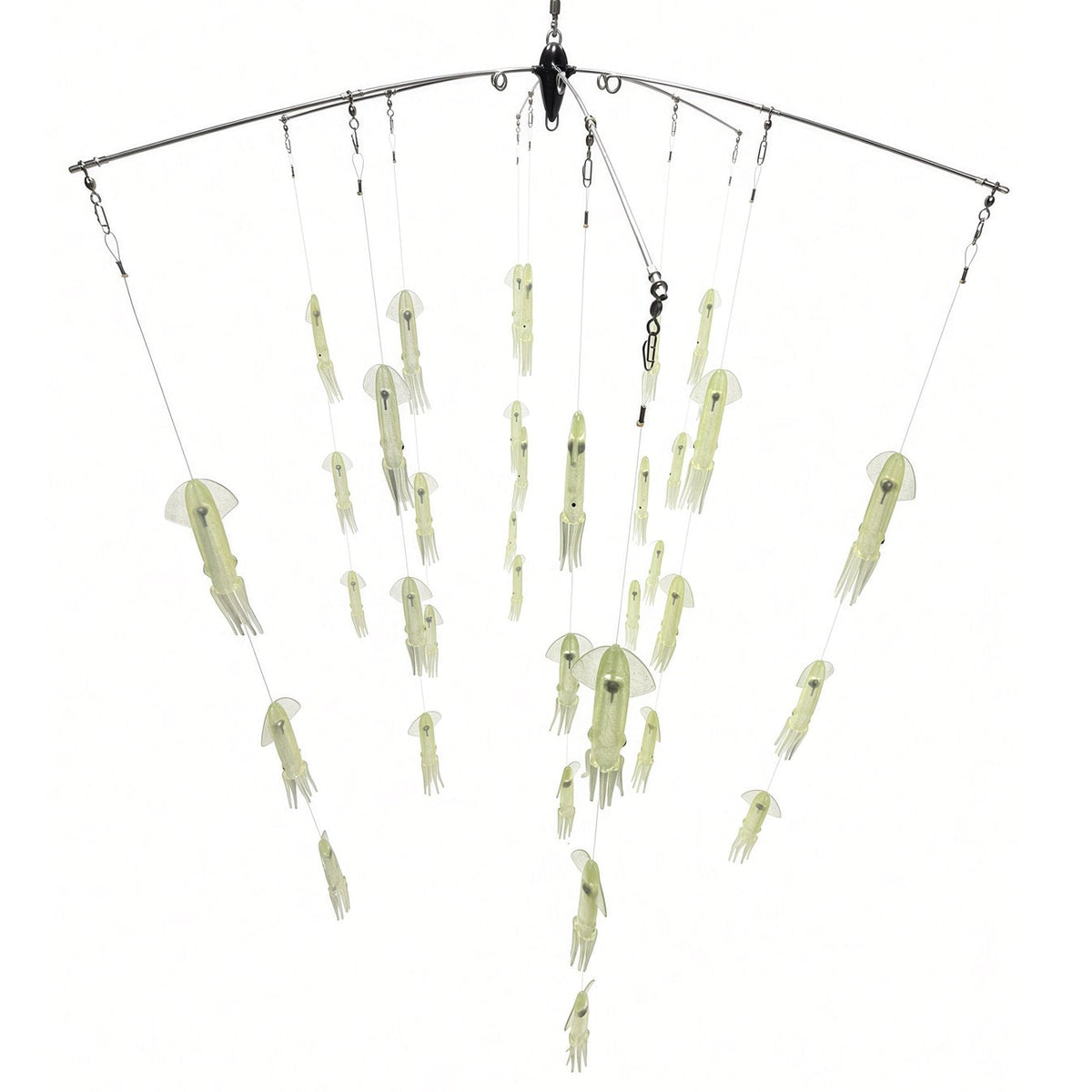 43 in fathom hydro  offshore fishing dredge bar with 36 mahi mahi colored rubber squid
