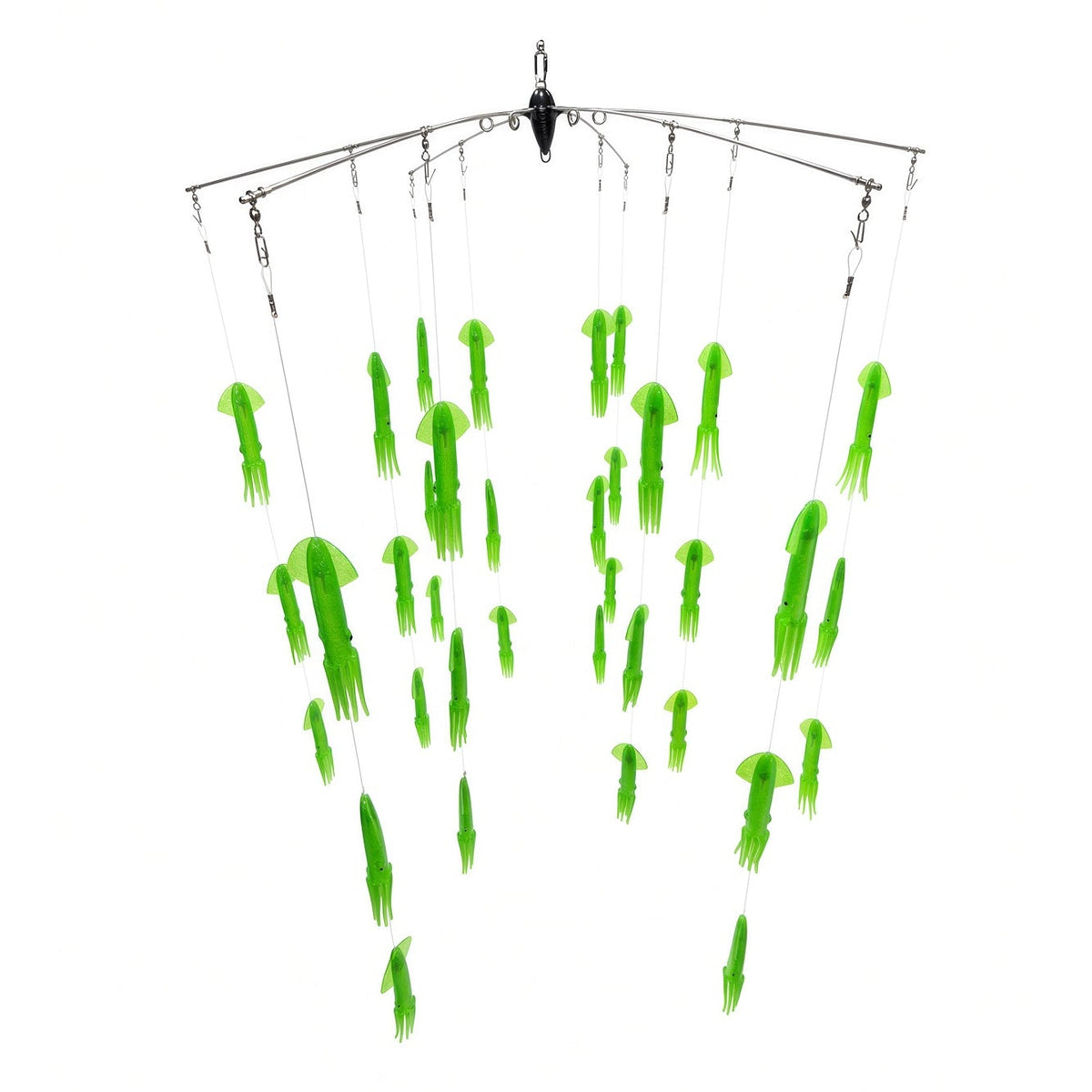 36 hanging green starlight glitter colored rubber squid with a 43 in fathom hydro  offshore fishing dredge bar on a white background