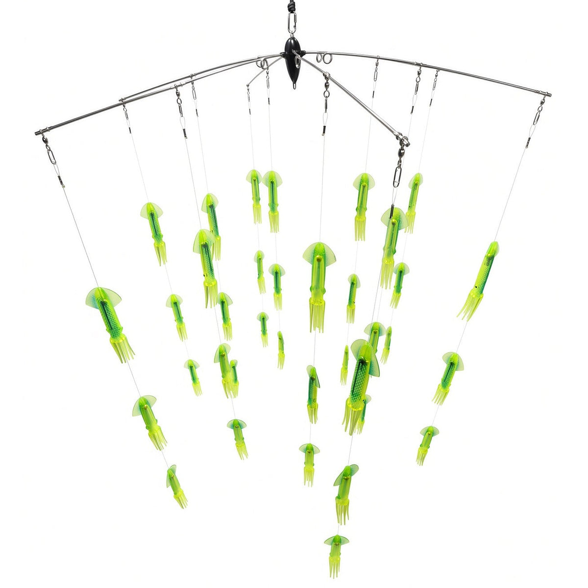 43 in fathom hydro  offshore fishing dredge bar with 36 mahi mahi colored rubber squid