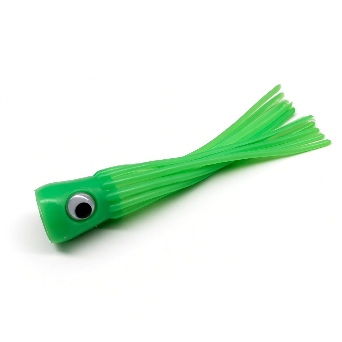 A bright green plastic fishing lure shaped like a small fish with a realistic eye, shown on a plain white background.