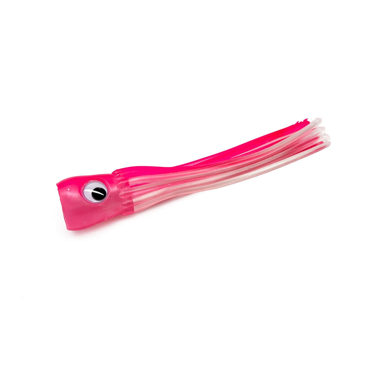 A bright pink and white fishing chugger lure with a realistic eye and translucent paddle tail, photographed on a clean white background.