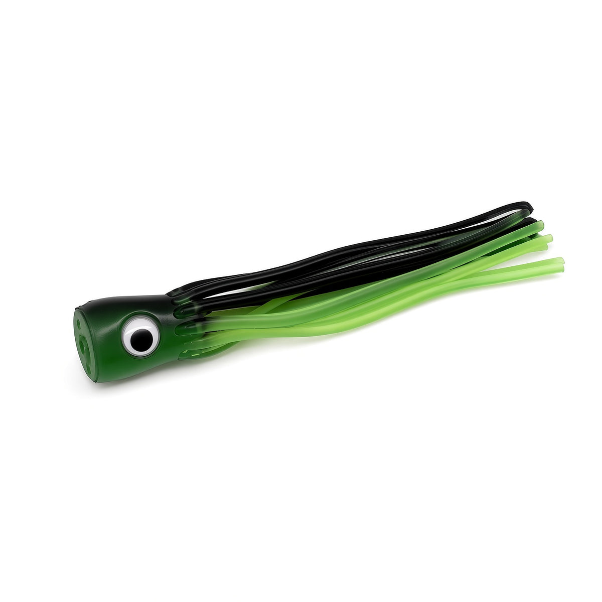 A plastic fishing lure shaped like a small fish with a green and black head, a large cartoon white and black eye, and a tail made of green and black strands, shown on a plain white background.
