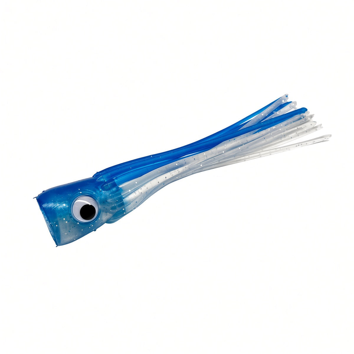 A blue and white silicone fishing lure with a realistic eye, shown against a plain white background.