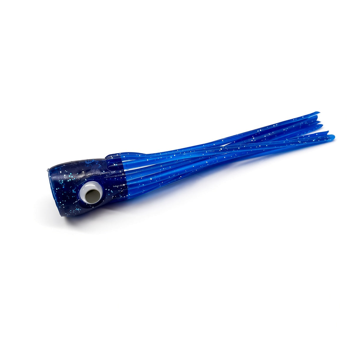 A blue soft plastic fishing lure with a glittery dark blue head and multiple translucent blue tentacles, shown on a plain white background.