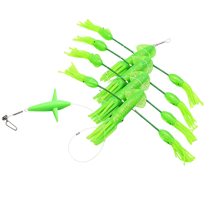 Green soft plastic flippy floppy squid fishing sport fishing teaser with silicone strands and a matching green bird float on a white background.