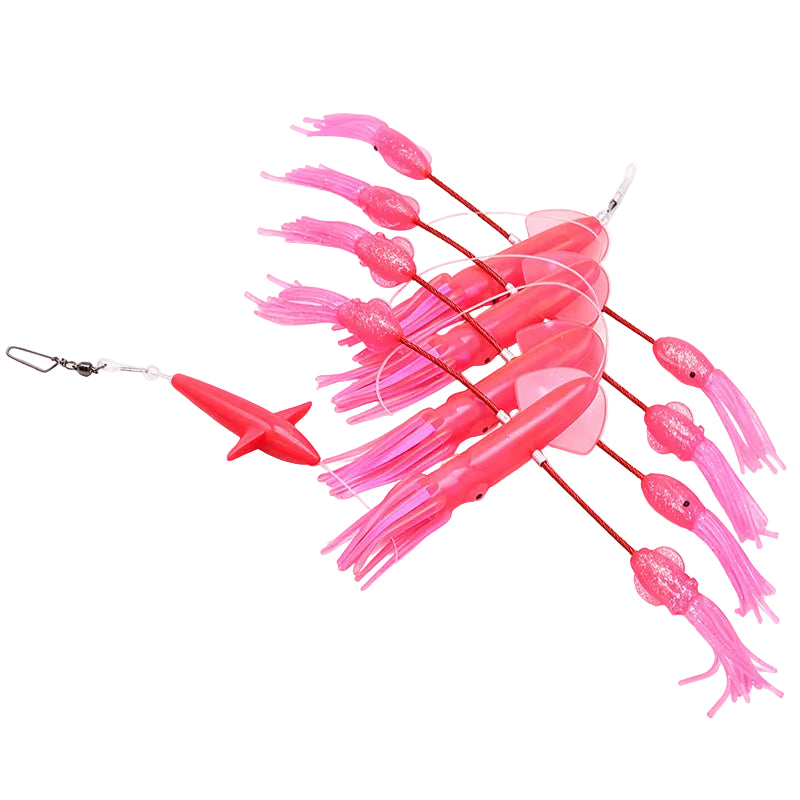 A chain of pink squid and a trailing pink bird  to be used as an offshore fishing teaser with translucent squid-shaped bodies, red lines, arranged on a plain white background.