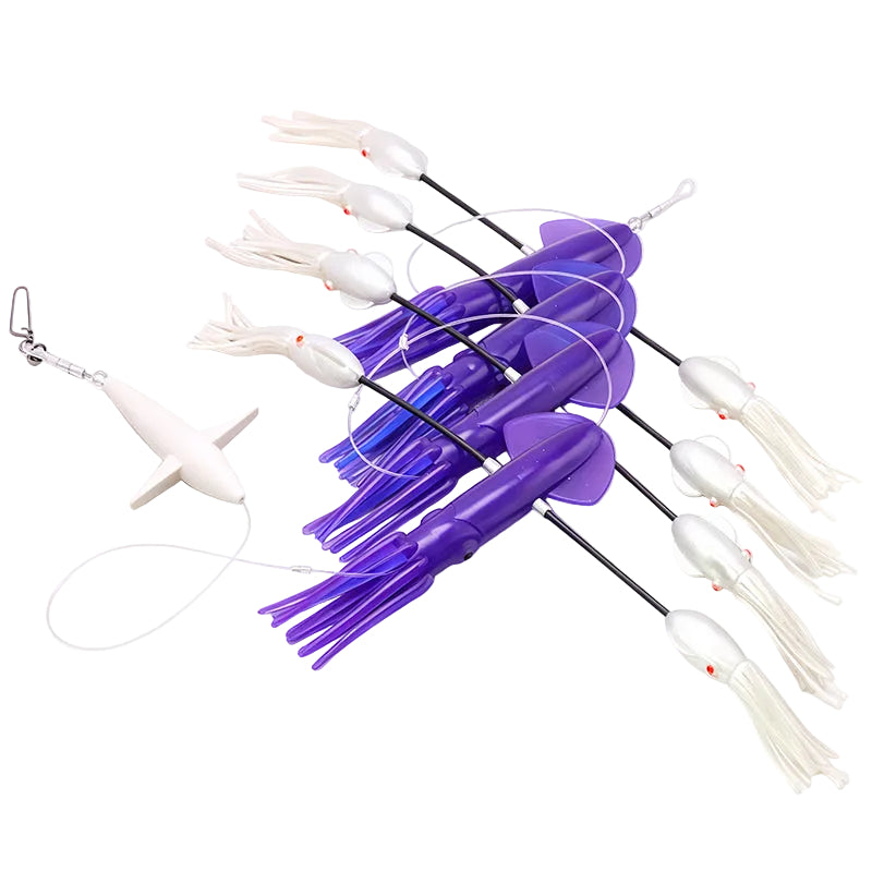 A set of fishing lures featuring purple squid and white squid imitations with purple legs, arranged on a clean white background.