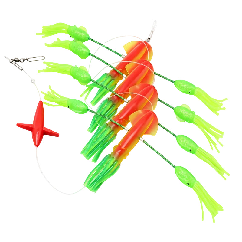 A set of fishing lures on a white background, featuring translucent neon green squid skirts attached to rasta colored orange and yellow bodies, with a separate red star-bird lure and a metal clip.