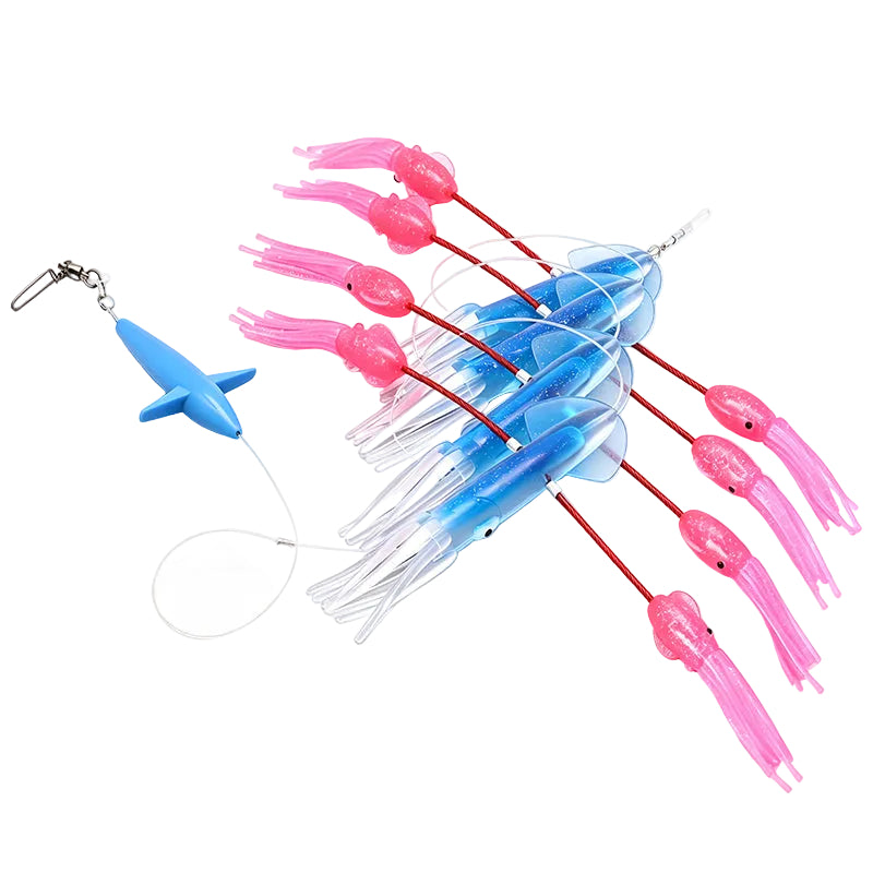 Teaser Chain with Four Blue Fade to White squid with pink flippy floppy things on the side with a trailing blue bird for extra splash on white background